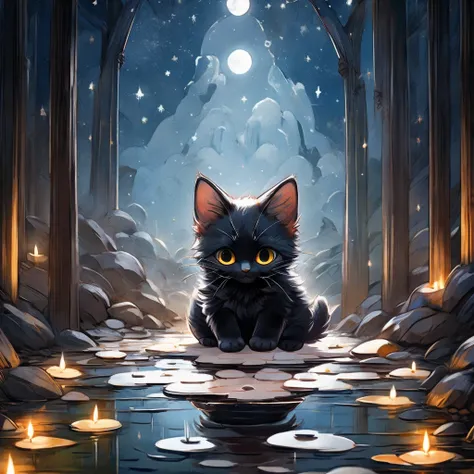 Black cat kitten、night、Looking at the shining puddle