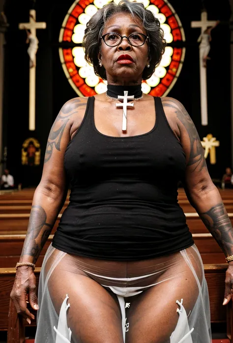 ((70 year old black African grandma:1.4)) ((in a church:1.4)),((there is an audience and crowd in the church:1.4)), large breasts size, large breasts, with large breasts, uncovered nsfw huge breasts, nsfw huge breasts, big breasts, big breasts!, ((she is w...