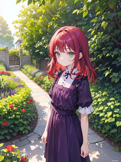 , green eyes, short curry wavy red hair, bangs.  wear purple black outfit. she so quiet. background in garden. kid.