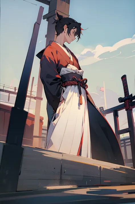 Teen , male, samurai Clothing, Standing pose, Town background, 