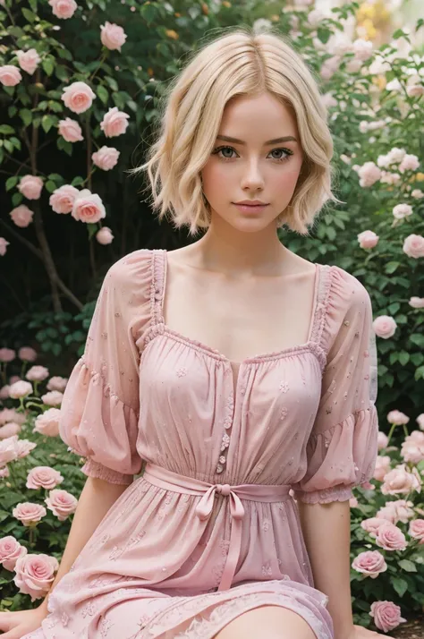 8k, RAW photo, Fujifilm, style photo of a beautiful young woman as avril in a garden of light pink roses (highly detailed skin: 1.2) Style-Petal BREAK short hair, blonde hair with colored locks, wearing a dress, film granulation, 35mm, cute style