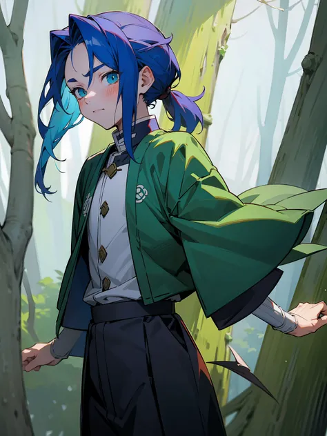 1male, Adult, Deep Blue Hair, Medium Length Hair, White Inner Hair, Ponytail, Forest Haori, Green Face Mark, Forest Background, Standing in Forest, Demon Slayer Uniform