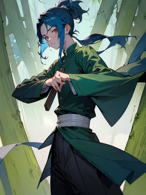 1male, Adult, Deep Blue Hair, Medium Length Hair, White Inner Hair, Ponytail, Forest Haori, Green Face Mark, Forest Background, Standing in Forest, Demon Slayer Uniform