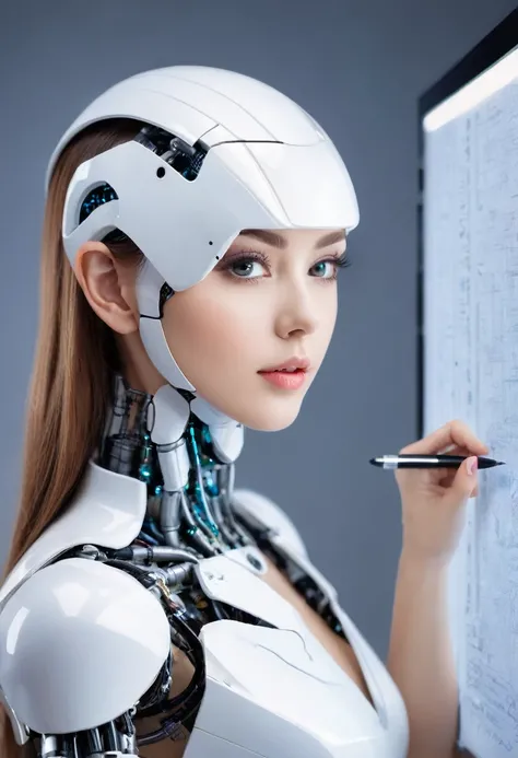 robotic beautiful girl . writing on the screen 
