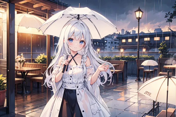 Photorealistic、Highest quality、Highest Resolution、Highest quality、８Ｋ、1人のBeautiful woman、Beautiful woman、Beautiful woman、rain、Cafe Terrace、coffee、Parasol、