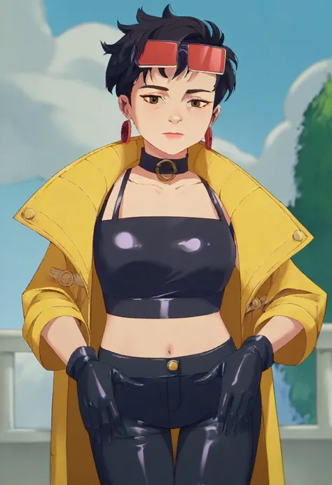 score_9, score_8_up, score_7_up, source_anime, 1girl, solo, looking at viewer, clamJBLee97, cJsunglasses, yellow coat, black gloves, black bodysuit, ((midriff)), ((navel)), ((crop top)), ((bare midriff)), earrings, ((black pants)) 