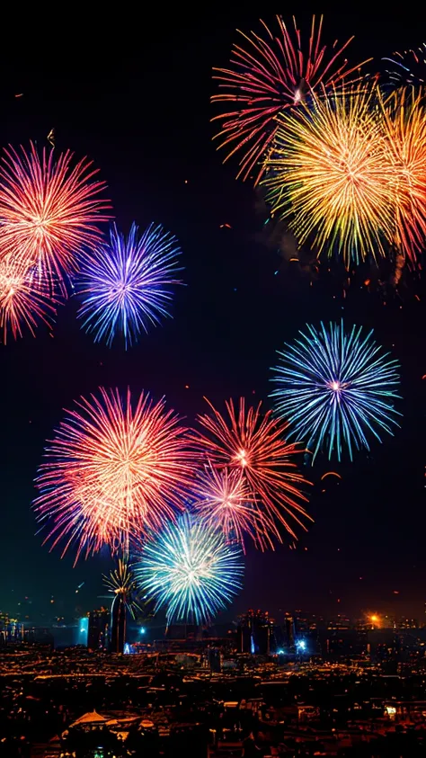 highest quality、highest quality、fantastic scenery、firework、firework大会、rainbow colorsのfireworkが打ちあがっている瞬間、with the night sky、cybe...