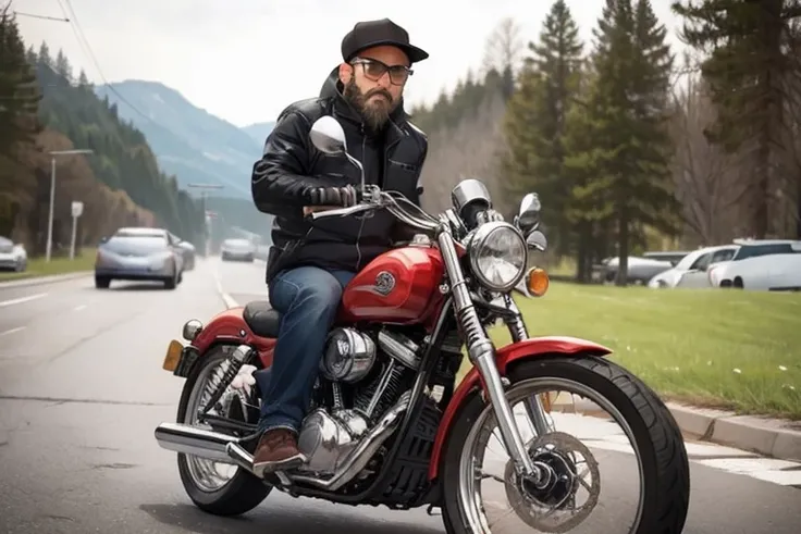 Glasses, beard, in beautiful nature、Image of a man riding a classic motorcycle。His clothes and motorcycle are all retro in design.、Creates a vintage atmosphere。