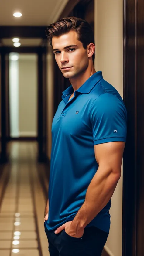 portrait of handsome caucasian man in the hallway, night, blue shirt, brown hair