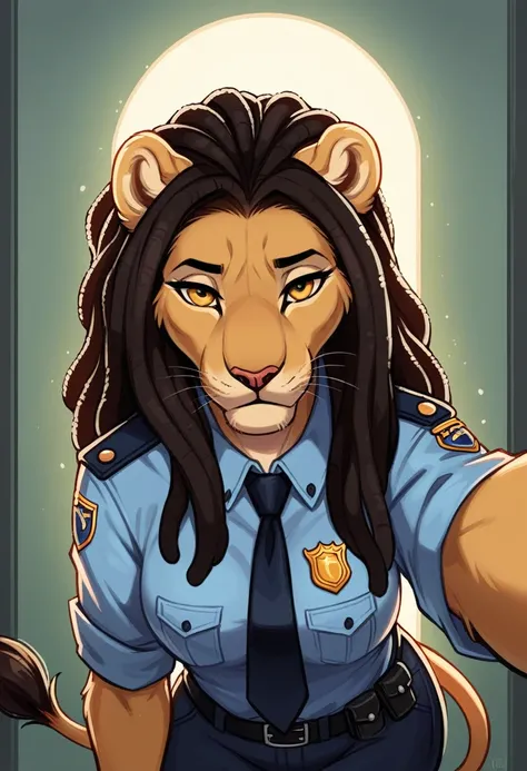 (anthro)) lion, Ross Tran, by ruan jia, by zaush, by foxovh Best Quality, masterpiece,, Illustration, Wallpaper,1girl in, Solo, black dreadlock hair, Semi-long hair, Beautiful detailed girl, extremely detailed eye and face, Beautiful detailed eyes, Shy, na...