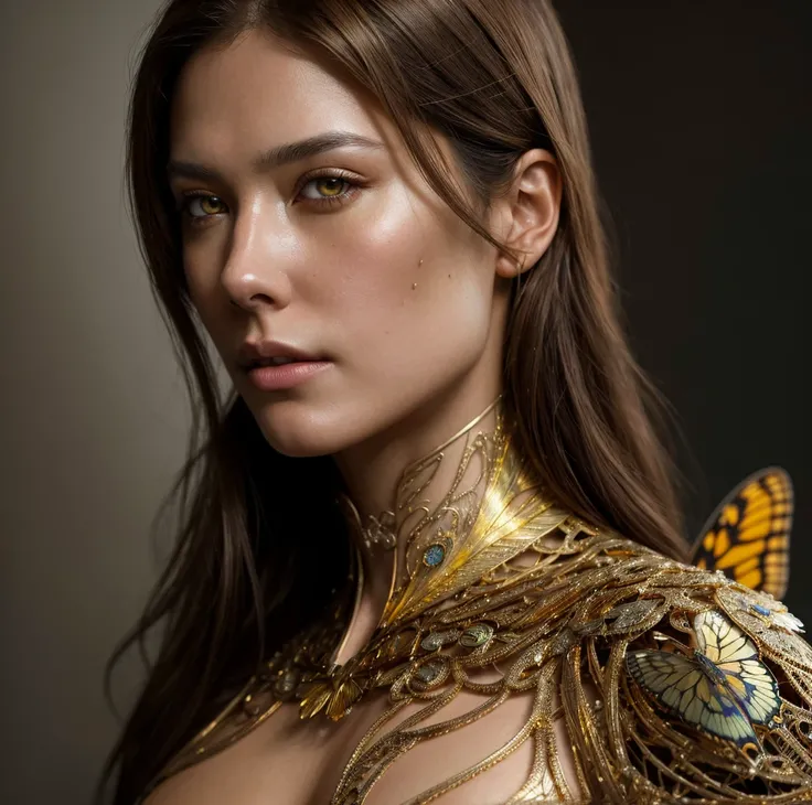 photo, 8k portrait of beautiful cyborg with brown hair, intricate, elegant, highly detailed, majestic, digital photography, art by artgerm and ruan jia and greg rutkowski surreal painting gold butterfly filigree, broken glass, (masterpiece, side lighting, ...