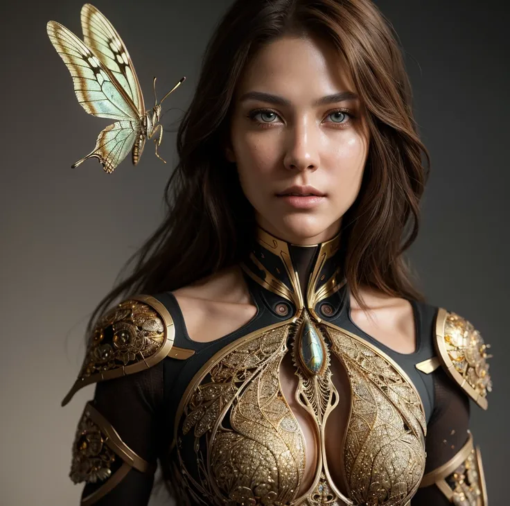 photo, 8k portrait of beautiful cyborg with brown hair, intricate, elegant, highly detailed, majestic, digital photography, art by artgerm and ruan jia and greg rutkowski surreal painting gold butterfly filigree, broken glass, (masterpiece, side lighting, ...