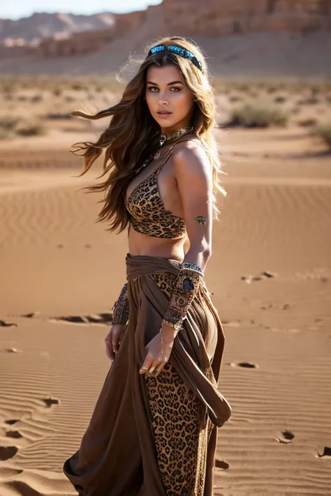 in the context of the desert, a woman walks with purpose, His clothes dancing in the wind as he goes. A powerful leopard walks by his side, a symbol of their fierce determination and resilience. cleopatra style, whole body, araffada muscular woman, a beaut...