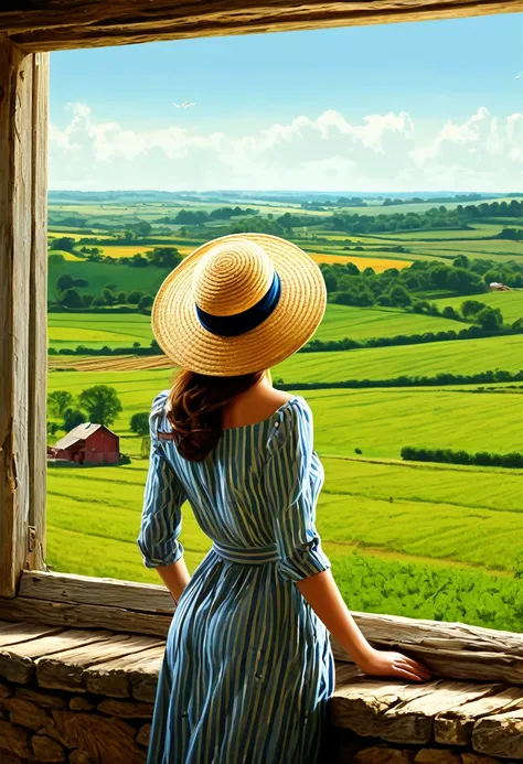 A woman wearing a hat looking out over a farm, Beautiful drawing style, beautiful figure, beautiful artist rendering, a Beautiful artwork figure, in the countryside, Awesome Wallpapers, country, Landscape painting, Beautiful depiction, figure!, beautiful d...