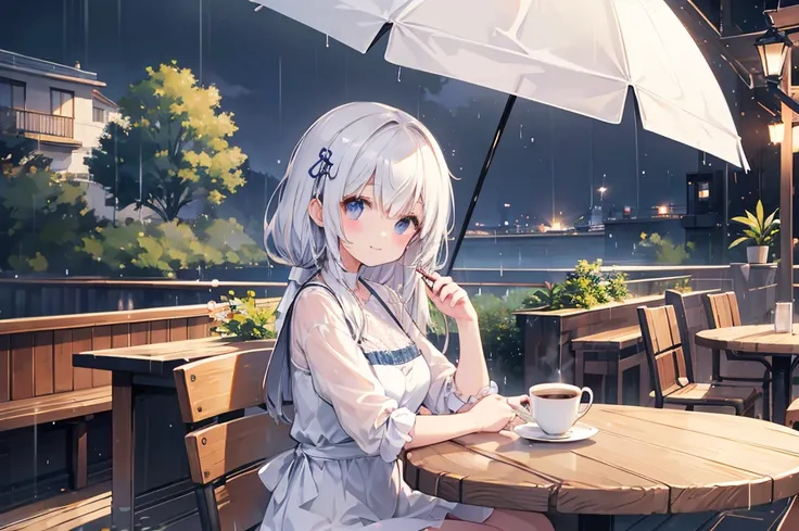 Photorealistic、Highest quality、Highest Resolution、Highest quality、８Ｋ、1人のBeautiful woman、Beautiful woman、Beautiful woman、rain、Cafe Terrace、coffee、Parasol、