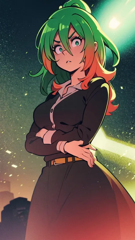 a woman with long pink hair, angry expression, clashing with a blonde woman and a green haired woman at night, dramatic lighting...