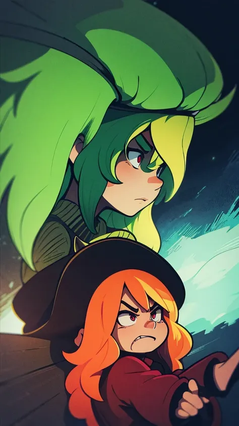 a woman with long pink hair, angry expression, clashing with a blonde woman and a green haired woman at night, dramatic lighting...