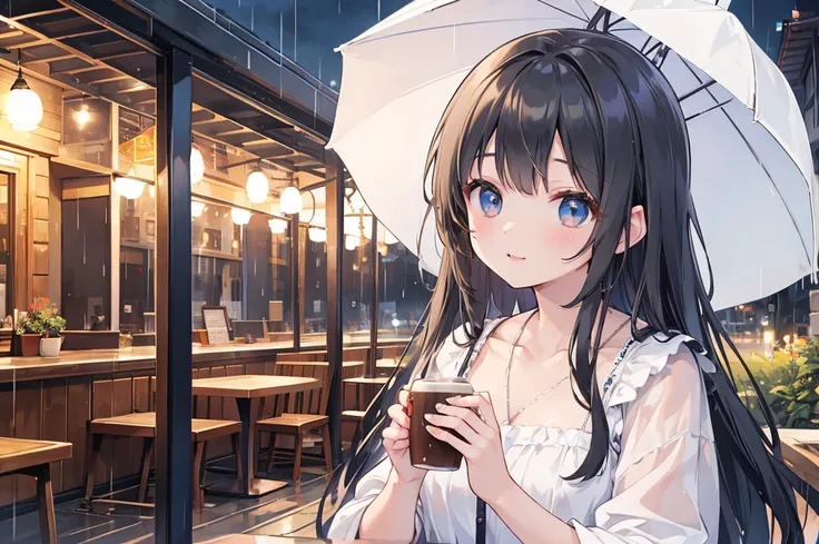 Photorealistic、Highest quality、Highest Resolution、Highest quality、８Ｋ、1人のBeautiful woman、Beautiful woman、Beautiful woman、rain、Cafe Terrace、coffee、Parasol、