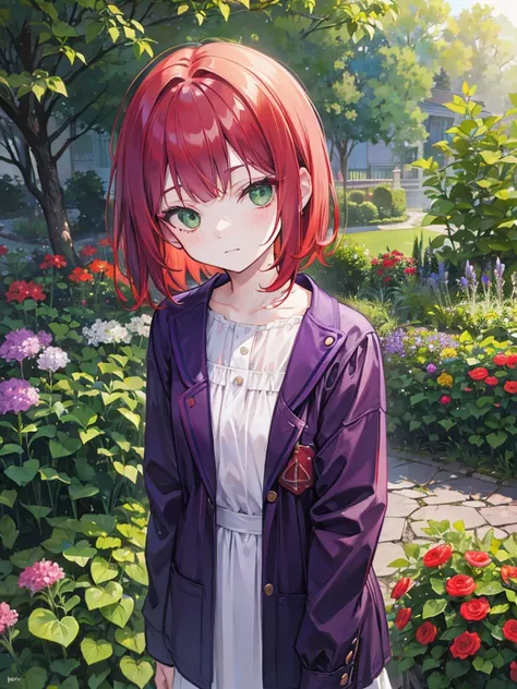 , green eyes, short curry wavy bobs red hair, bangs.  wear purple black jacket. background in garden. kid. not smiling, indifferent