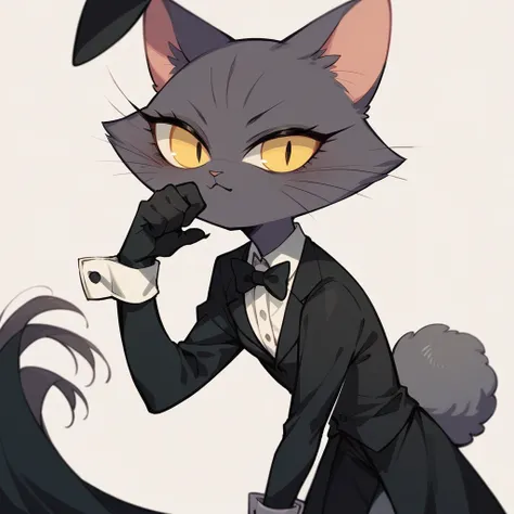 solo female ,furry ,tuxedo catA Japanese girl with yellow eyes, black fringes cut in a bob hairstyle,black long gloves wearing any clothes and any clothes as an outfit ,bunny girl outfit,TUXEDO CAT 