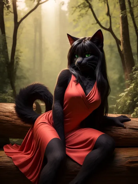 Sexy Posing, lying on log, Female, 30 years old, cute, eyeliner, long hair, biting lip smile, red dress, bedroom eyes, anthro, cat ears, (black fur:1.5),tebby cat, forest background, 8k, hi res, (best quality, masterpiece), green eyes, cat tail