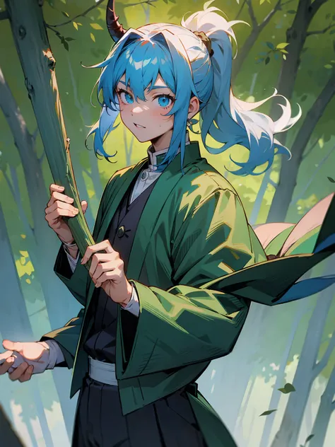 1male, Adult, Deep Blue Hair, Medium Length Hair, White Inner Hair, Ponytail, Forest Haori, Green Face Mark, Forest Background, Standing in Forest, Demon Slayer Uniform