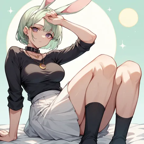 solo girl , with light skin color, dark purple eyes, light green hair, medium cut, black shirt with black and white collar with open breasts, white skirt, black socks, light green rabbit ears, a necklace in the shape of a yellow moon