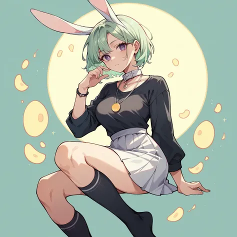 solo girl , with light skin color, dark purple eyes, light green hair, medium cut, black shirt with black and white collar with open breasts, white skirt, black socks, light green rabbit ears, a necklace in the shape of a yellow moon