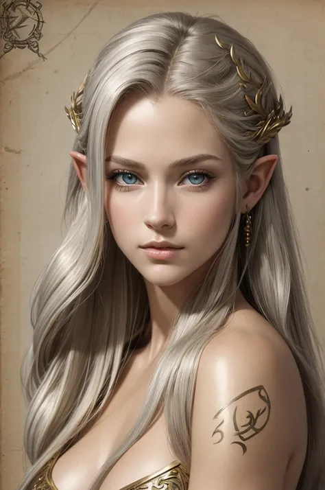 High quality concept art portrait featuring a fantastic and beautiful and fair young women With Silver gold hair and Hazel eyes Caucasian o lot of color Elven women(Bella Delphine) whit drawn on weathered parchment, using lord of the rings or dungeons and ...