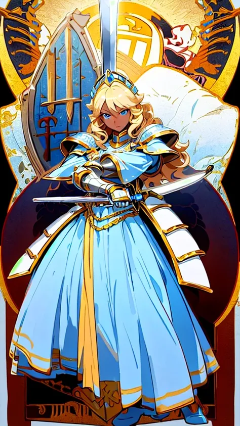 Medieval fantasy Anime. A Girl, 25 years old, royal knight, Paladin silver armor, beautiful but severe face, detailed face, ((dark skin)), light blue eyes, detailed eyes, African American, semi-updo blonde curly hair, detailed body, (great guard shield in ...