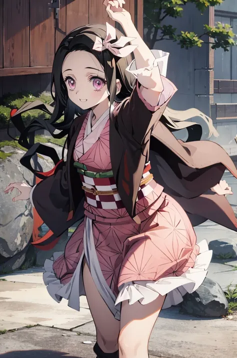 (masterpiece:1.3), (best quality:1.1), (8k, ultra detailed, ultra high res:1.2), ((anime style)), perfect 5 fingers, perfect anatomy, 
1girl,
Kamado Nezuko, 
BREAK long hair, wavy hair,  forehead
black hair, 
pink eyes, 
ribbon, 
small breasts,  
BREAK jap...