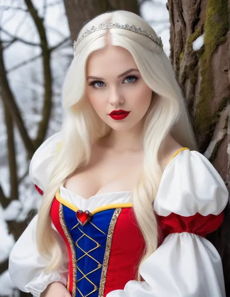 very attractive 25 year old girl with long platinum blonde hair, dressed as snow white from snow white and the seven swarfs, photo quality