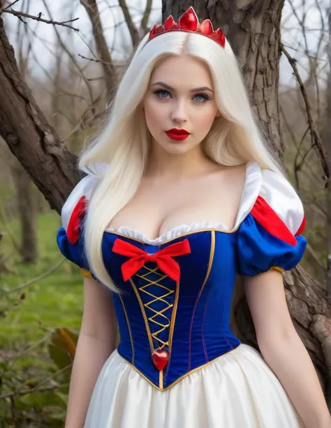 very attractive 25 year old girl with long platinum blonde hair, dressed as snow white from snow white and the seven swarfs, photo quality