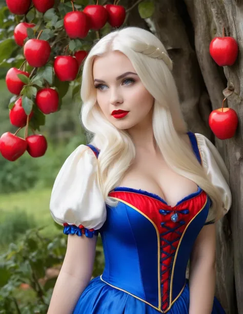 very attractive 25 year old girl with long platinum blonde hair, dressed as snow white from snow white and the seven swarfs, photo quality