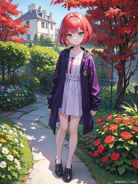 , green eyes, short curry wavy bobs red hair, bangs.  wear purple black jacket. background in garden. kid. not smiling, indifferent