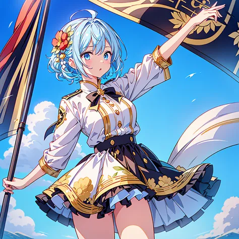 1girl、Dynamic composition、marching band、(((Masterpiece、Highest quality、Official Art、Super detailed、Handsome face、Dynamic composition)))、Anime Style、(Milky white and blue hair:1.3),(blue eyes:1.4),(Bright colors:1.4),((麻の葉background:1.3)),, marching bandのユニ...