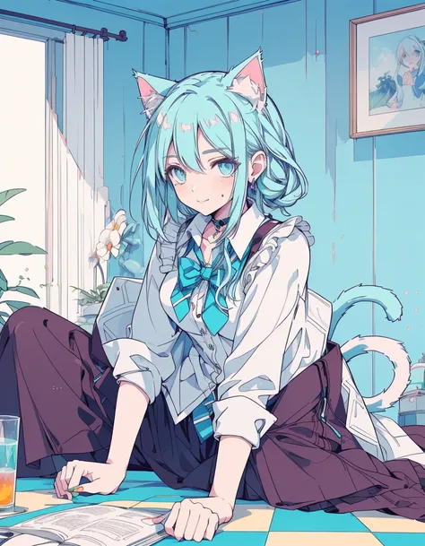 furrowed brow, mole under eye, light smile, full body, ((masterpiece, best quality:1.5)), ((Beautiful detailed cat aqua eyes:1.2)), cat ears, pale skin, medium breasts, beautiful hands, beautiful fingers, EasyNegative