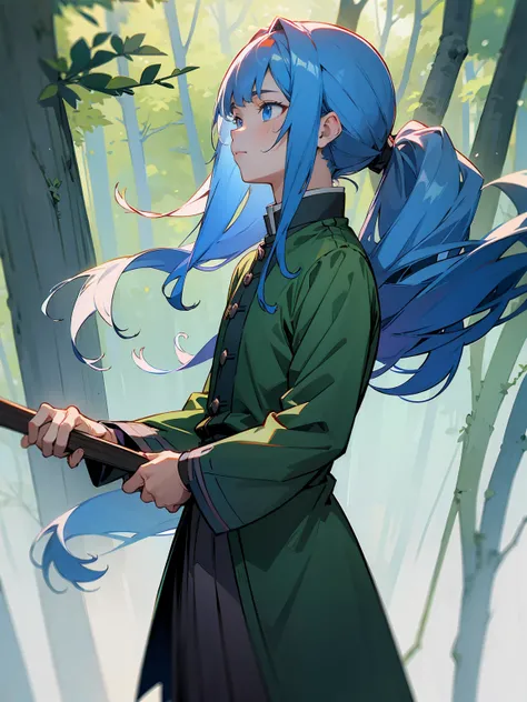 1male, Adult, Deep Blue Hair, Medium Length Hair, White Inner Hair, Ponytail, Forest Haori, Green Face Mark, Forest Background, Standing in Forest, Demon Slayer Uniform