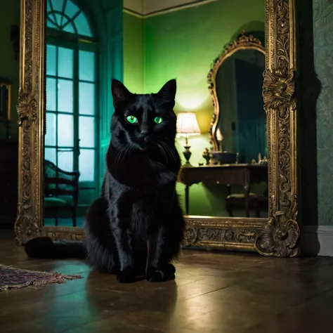 A dimly lit apartment living room at night, with a large ornate antique mirror on the wall. In the mirrors reflection, a sinister shadowy figure with glowing green eyes is visible, reaching out towards the viewer. In the foreground, a terrified young woman...