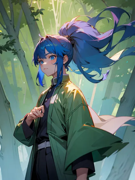 1male, Adult, Deep Blue Hair, Medium Length Hair, White Inner Hair, Ponytail, Forest Haori, Green Face Mark, Forest Background, Standing in Forest, Demon Slayer Uniform