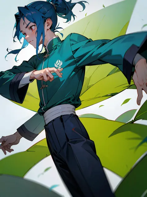 1male, Adult, Deep Blue Hair, Medium Length Hair, White Inner Hair, Ponytail, Forest Haori, Green Face Mark, Forest Background, Standing in Forest, Demon Slayer Uniform