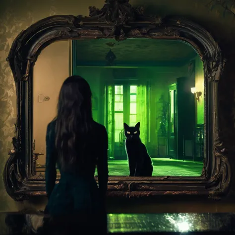 A dimly lit apartment living room at night, with a large ornate antique mirror on the wall. In the mirrors reflection, a sinister shadowy figure with glowing green eyes is visible, reaching out towards the viewer. In the foreground, a terrified young woman...