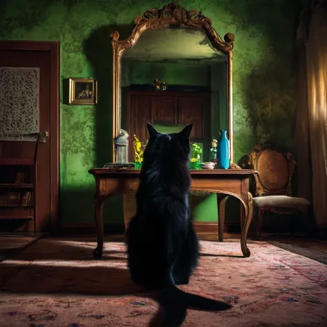 A dimly lit apartment living room at night, with a large ornate antique mirror on the wall. In the mirrors reflection, a sinister shadowy figure with glowing green eyes is visible, reaching out towards the viewer. In the foreground, a terrified young woman...