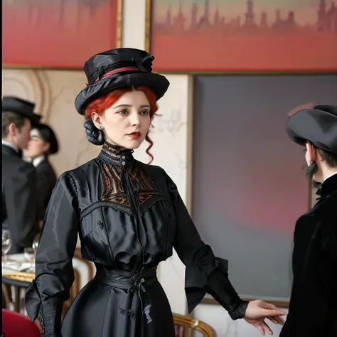 masterpiece, uhd, sharp color  photo of a beautiful woman wearing a high-neck layered black dress, with a hat on, flirting with men at a Parisian cafe  1900_dr3ss