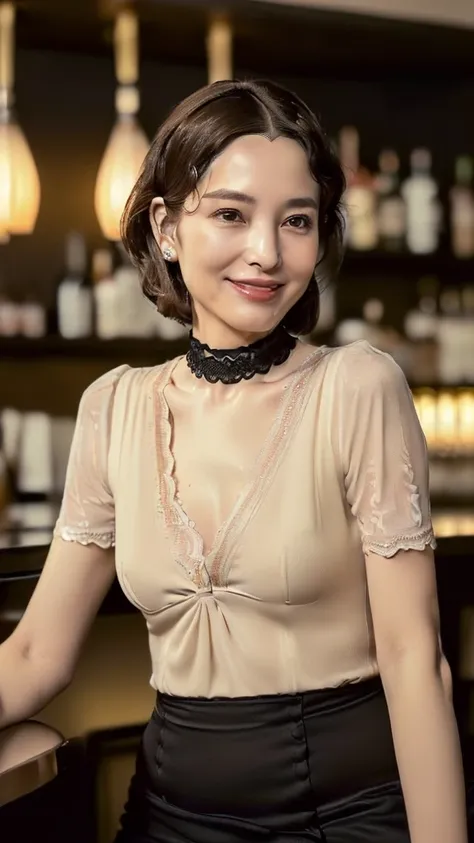 (((Ultimate Photorealistic, ultimate high-quality 32k photo))),(((American-shot photo taken from the front, looking at viewer seriously ))),(((( Seductive pose, 7 heads、Staring Intently :1.8)))),(((A simple and elegant short-sleeved business blouse made of...