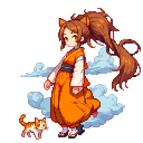 masterpiece , best quality , pixel art , 1 cat , Looks like a village girl from Japan anime, full body , white background,Her hair is brown and shoulder-length , Wearing orange clothes