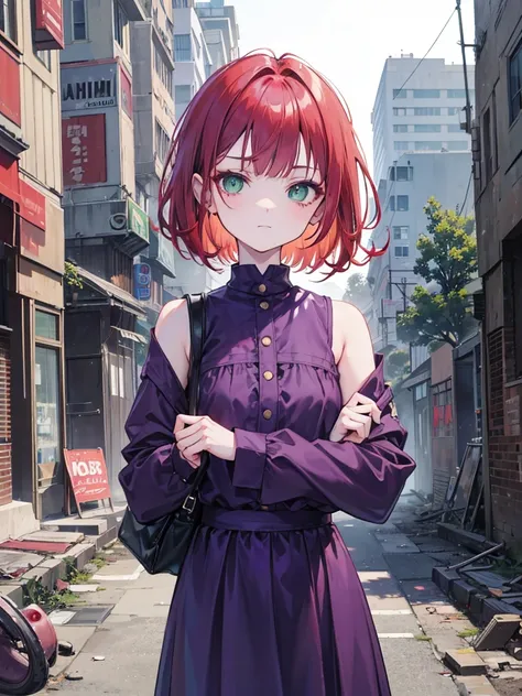 , green eyes, short curry wavy bobs red hair, bangs.  wear purple black outfit. background in ruins. kid. not smiling, indifferent. arrogant, thug, winter