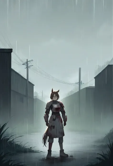 (ultra detailed:1.2, Masterpiece:1.2, Best Quality:1.2, high resolution:1.2), war zone background, scenery, Raining, 1 girl, , Brown hair, Horse tail, armor clothing, front, dirty face, blood stains, dark sky