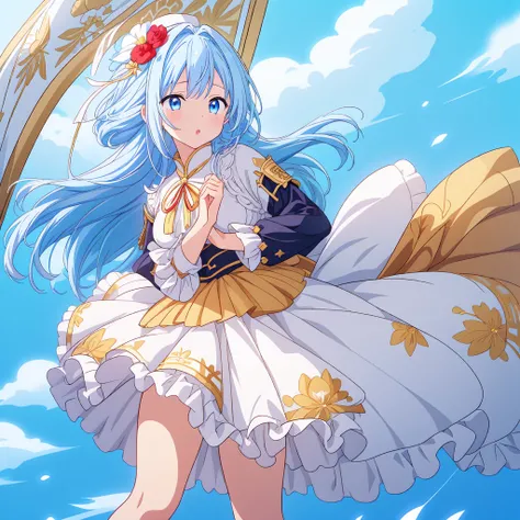 1girl、Dynamic composition、marching band、(((Masterpiece、Highest quality、Official Art、Super detailed、Handsome face、Dynamic composition)))、Anime Style、(Milky white and blue hair:1.3),(blue eyes:1.4),(Bright colors:1.4),((麻の葉background:1.3)),, marching bandのユニ...