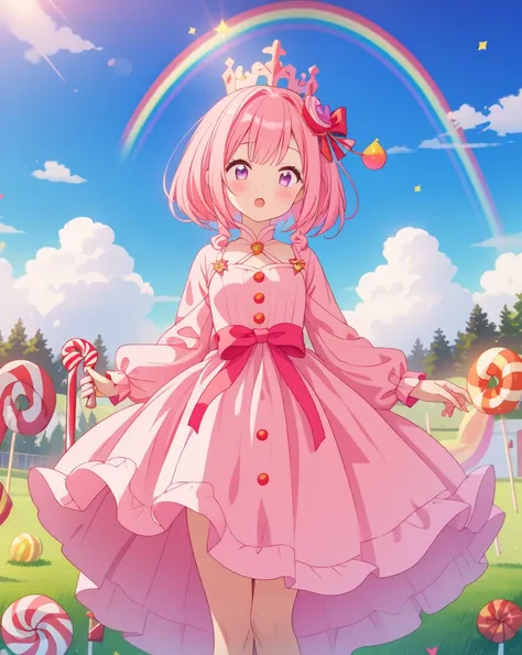 Wat, lots of candy, Gumdrop, candycanes, rainbow, candy, (a field of candy), One girl, Sugar Queen, Pink Dress, a Sceptor of candy